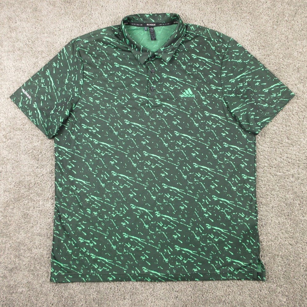 Adidas Polo Shirt Mens XL Green Geometric Primeblue Performance Golf Tennis Logo